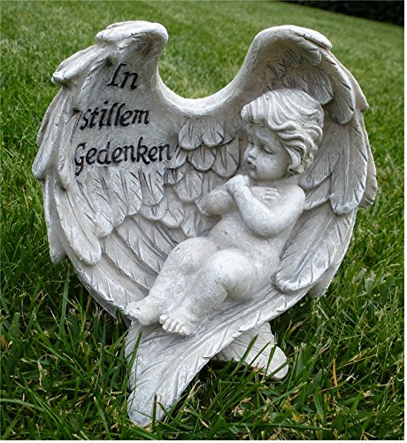 *Engel im Flügel Grabschmuck Grabdeko *In stillem Gedenken* grau-antik 15 cm