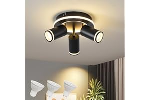 SANSHI Deckenleuchte 3 Flammig LED,Schwenkbar 350° Rund Deckenstrahler,Deckenlampe mit unteres Glühen 15W+3x5W GU10 Spots,Modern Deckenspot Strahler 3000K Warmweiß,Spotlight Lampe für Wohnzimmer,Schwarz