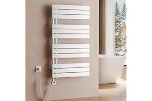 S'AFIELINA Scaldasalviette Elettrico con Termostato Bianco 1041x600mm 600 Watt Radiatore per Asciugamani con Resistenza Elettrica Timer Termoarredo per Bagno Pannello Laterale