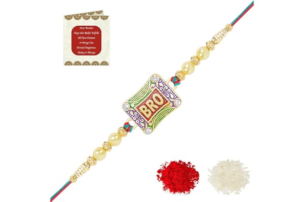 Riddhika Ventures Auspicious Gold Plated and Meenakari Brothers Rakhi With Roli Chawal And Greeting Card (P6)