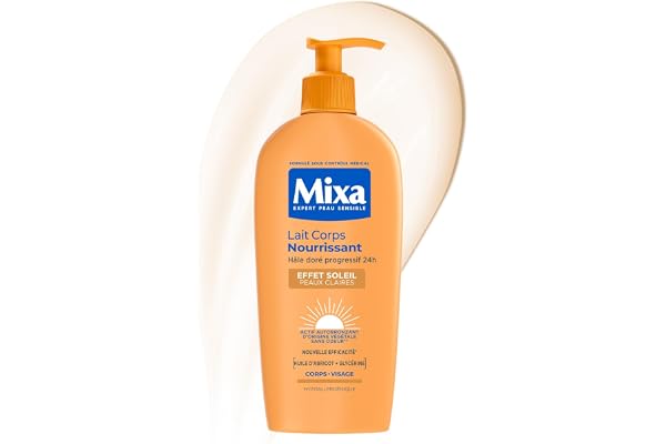 MIXA - Autobronzant - Lait Corps Nourrissant Effet Soleil - Hâle Doré Progressif 24H - Beurre de Karité & Huile d’Abricot - Peaux Claires - 250ml