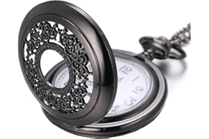 Halukakah Męski zegarek kieszonkowy z łańcuszkiem, kwarcowy, vintage, wzór róż, rzymska skala cyfr, zestaw 2 łańcuszków + naszyjnik, bezpłatne pudełko na prezent, Czarna broń wzór róży