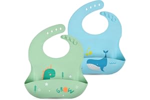 Vicloon Bavaglini 3D Silicone, 2PCS Impermeabile Senza BPA, con Tasca Raccoglipappa, 4 Misure Regolabili, per Bambini e Neonati, Dinosauroe e Balena