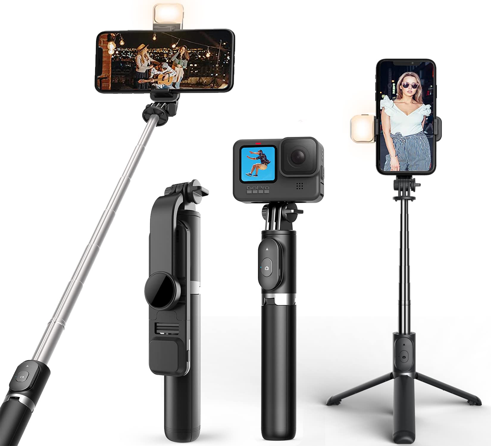 Mobilife Selfie Stick with Light 41 inch Bluetooth Selfie Stick Tripod for Mobile Phone Gopro Compact Size for Selfie Vlogging 3 in 1 Desktop Stand,Black