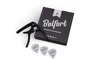 BELFORT® QuickPitch Original - Cejilla para guitarra + 3 púas + libro electrónico gratis, Fácil de usar, para guitarra sajona, acústica, de concierto, eléctrica y ukelele
