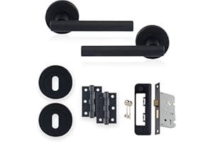 XFORT Matt Black Liberty Lever On Rose Lock Pack, Complete Set with T-Bar Door Handles, 65mm Sashlock, 75mm Ball Bearing Hinges and Escutcheons, for Wooden Doors Requiring Key Locking Security.