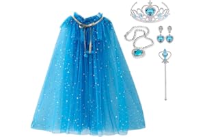 skyllc Principessa mantello bambini, mantello di tulle glitter per ragazze, principessa mantello di paillettes con orecchini collana corona bacchetta magica