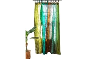 RAJBHOOMI HANDICRAFTS Home Decorative Silk Sari Curtains - Unique Patchwork Design - Light Filtering Window Panels for Living Room and Bedroom - 84 inch Length, (Green Color)