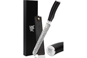 YOUSUNLONG Couteau à Pain Dentelé - 8''(203mm) - Couteau Deli - Acier Damas Japonais Martelé - Trancheuse à Pain - Couteau à Trancher - Manche en Bois d'Ebène Naturel