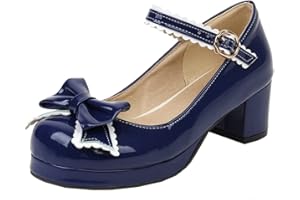 MISSUIT Women's Patent Mary Jane Block Heel Pumps with Platform Straps Bow Closed Rockabilly Shoes