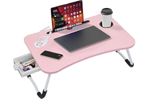 Warmiehomy Laptop Table with USB Ports, Foldable Laptop Bed Table, Laptop Desk with Cup Holder and Side Drawer, Small Fan and Small Lamp, Bed Tray with Legs