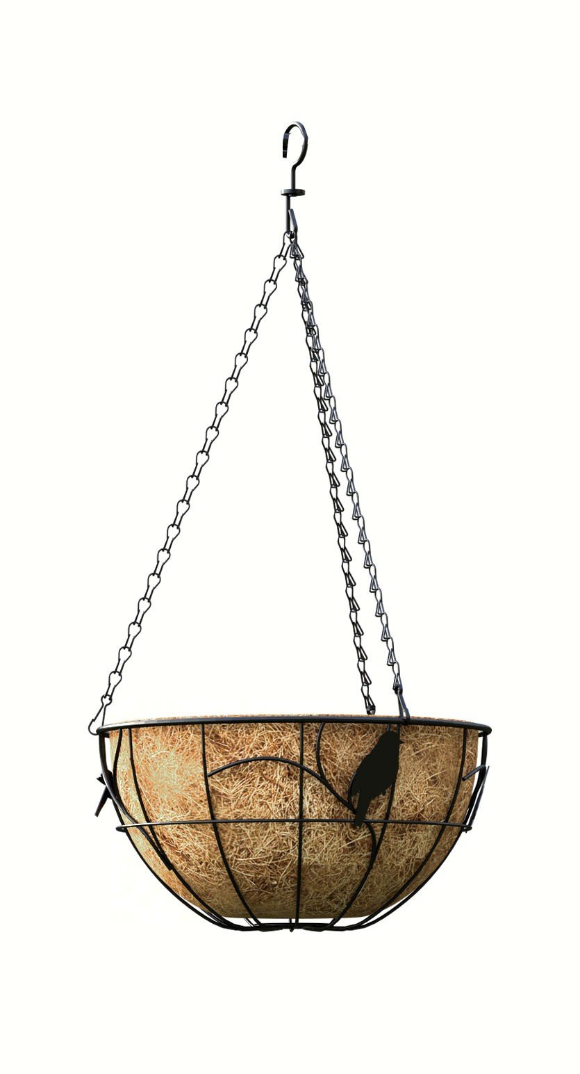 14" Perching Birds Hanging Basket w/Coco Liner