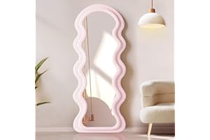 YOSHOOT Specchio a figura intera, 160 x 60 cm, specchio ondulato irregolare, specchio da pavimento ad arco, cornice in legno avvolta in flanella, da appendere o appoggiato alla parete, per camera da