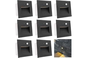 ‎AROTELICHT Arote 8er 3W LED Treppenlicht mit Bewegungsmelder 3000K IP65 Quadratische Wandeinbauleuchte Wandleuchte Wandeinbaustrahler Stufenlicht Beleuchtung Lampe, innen aussen schwarz Alu 230V warmweiß, Sensor