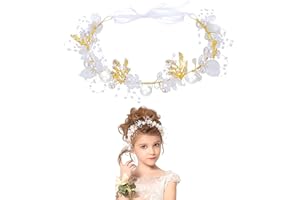 DRERIO Flower Girl Headband Delicate Head Chain Pearl Headband Fairy Floral Headpiece Wedding Hair Bands White Head Vines Flower Girl Crown Hair Accessories for Wedding Xmas Festival Girls Gift
