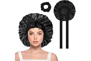 Fefod Cuffia per capelli da donna, in raso double face, per dormire, regolabile, per la notte, con fascia elastica, nero + elastici per capelli, Taglia unica