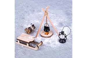 OUMAIFENG Miniatur Puppenhaus Wichtel Zubehör Weihnachten, Wichtel Schlitten Holz Feuerstelle Miniatur Weihnachten Lagerfeuer Krippe Zubehö (Holzfarbe)
