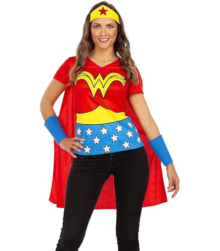 Costume Wonder Woman Sporty Tee Con Mantello - Taglia Medium, T-shirt A Maniche Corte, Fancy Dress Per Halloween E Cosplay