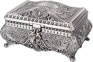 Feyarl Contenitore per gioielli vintage antico portagioie con anello e orecchini, collana in metallo, per ragazze, donne, compleanno, festa della mamma (17 x 11,9 x 8,9 cm)