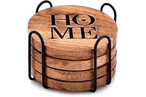 EDHAS Coaster Iron & Acacia Wood Coasters for Drinks with Iron Holder Stand for Countertop and Surfaces from Water Marks or Damage (10.16cm x 10.16cm x 1.27cm)