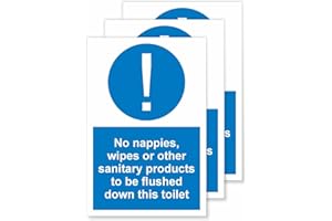 No Nappies, Wipes or Other Sanitary Products to Be Flushed Down This Toilet Self-Adhesive Vinyl Signs Stickers by Viro Display - 100 x 150mm - 3 Pack