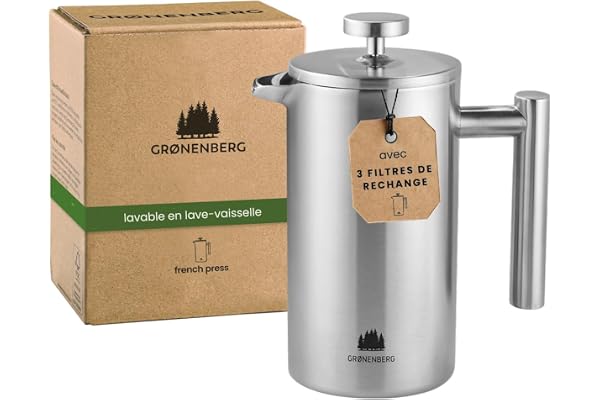 Groenenberg Cafetière à Piston | French Press avec filtres de rechange | 0,6 litre (3 tasses) | Cafetière a Piston en acier (inox)