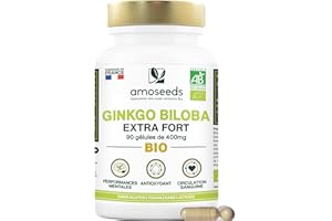 AMOSEEDS Ginkgo Biloba BIO | Extra Fort, 4560mg par jour | Stimulant cognitif, Mémoire, Circulation Sanguine | 90 Gélules Vegan | Qualité Supérieure