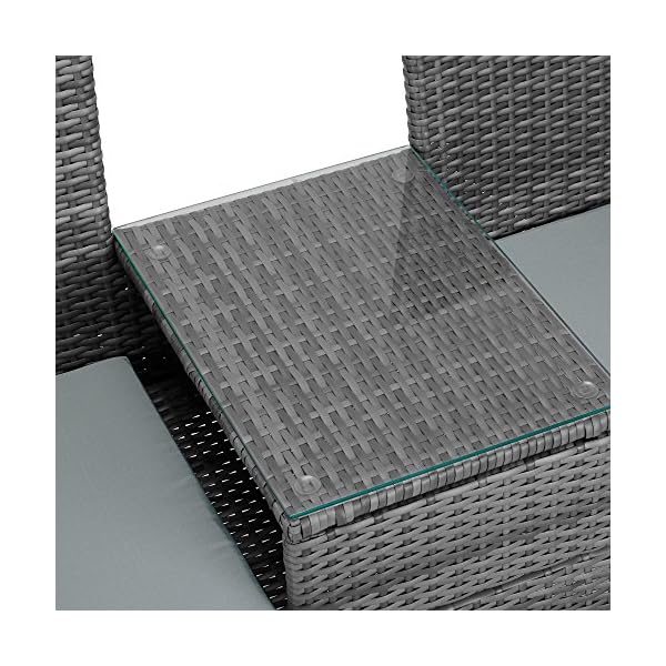 VonHaus 2 Seater Rattan Companion Chair - Wicker Conservatory Loveseat - Outdoor, Garden or Patio Double Seater Armchair with Drink Glass-topped Table and Removable Cushions - Grey - Image 5