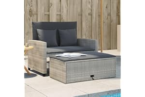 Amorsee Sofá de jardín de 2 Plazas con Reposapiés de Almacenaje, Sofa Jardin Terraza, Sofas De Terraza, Muebles Jardin Exterior con Respaldo Inclinable y Cojines, Gris Claro