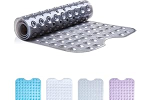TranquilBeauty No Slip Bath Mat with Suction Cups - Grey 100x40cm/40x16in Extra Long Bathtub Mats - Anti-Mould, Machine-Washable, No Latex - Shower Mat Ideal for Elderly and Children