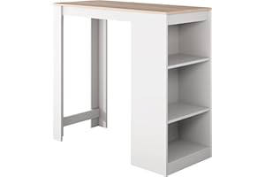 MB Muebles Bonitos, Mesa Alta Bar Kyra, Barra Cocina de Estilo Moderno con 3 Estantes, Melamina Mate, Blanco y Sonoma, 110x103x50 cm