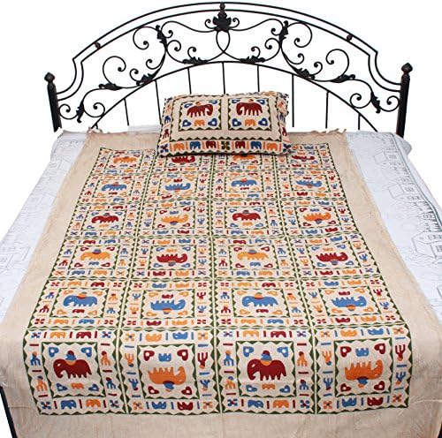Exotic India Bleached-Sand Gujarati Single-Bed Bedspread with Printed Stylized Elephants - Pure Cott