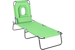 Outsunny Sedia Sdraio da Esterno Pieghevole con Foro per il Viso e Cuscini, Lettino Prendisole da Giardino, Spiaggia e Campeggio, Verde