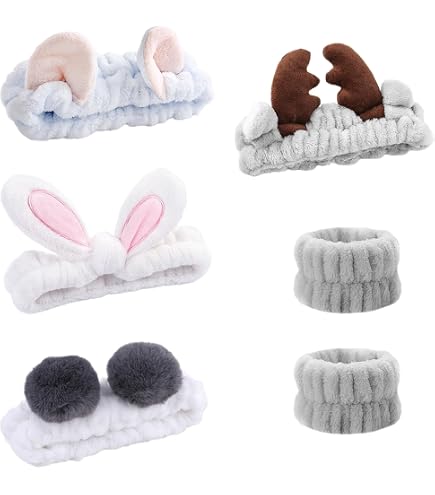 Fascia Per Capelli In Peluche Con Ponpon – Morbida Per Trucco, Doccia E Detergere Il Viso, Grigio Coniglio Rosa
