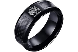 HIJONES Homme Acier Inoxydable Fibre de Carbone Inlay Arbre de la Vie 8mm Bande Bague Noir