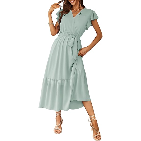 Awemeal Elegante zomerjurk voor dames, V-hals, korte mouwen, lange zomerjurk, boho, bloemetjesjurk met riem, ruches, zoom, wikkeljurk, strandjurk, A-lijn, zwierige maxi-jurk, Bloem Groen, S