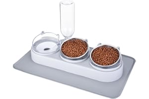 cluis Katzennapf, 3 in 1 erhöhte Katzenfutterschalen mit wasserdichter Haustiermatte Automatische Wasserflasche Ersatz Keramikschüssel Katzennahrung und Wasserspender Set(Schalen aus rostfreiem Stahl)