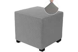 RAPRAP Square Ottoman Cover, Stretch Jacquard Footstool Protector Covers, Dustproof Anti-Slip Stool Cover with Elastic Bottom, Machine Washable Square Footstool Covers, Light Gray, Small