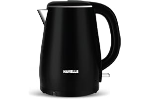 Havells Electric Kettle Altro 1250 Watts 1.5 liters, Double Layered Cool Touch Outer Body | 304 Rust Resistant SS Inner Body with Auto Shut Off | Wider Mouth | 2 Yr Manufacturer Warranty (Black)