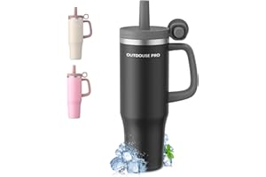 OUTDOUSE PRO 1200ml Tazza Termica con Cannuccia, Borraccia con Manico, 1.2L Tazze Isolate, Tazza Termica per Auto in Acciaio Inox a Doppia Parete per Bevande Calde, Fredde per Acqua, Caffè, Nero