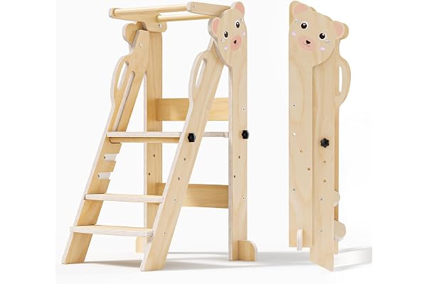 Aoykkii Tour Montessori Pliable Réglable en Hauteur sur 3 étages, Facile à Assembler,Tour d'observation Montessori avec Rails de sécurité (Couleur du Bois Petit Ours)