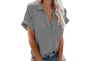 NUSGEAR 2023 Camisa de Manga Corta Mujer, Moda Verano Color sólido Blusa Camiseta Cuello en V Botones Suelto Oficina Negocios Tops Fiesta Casual T-Shirt Original tee Basic cómodo Jersey Tallas Grandes
