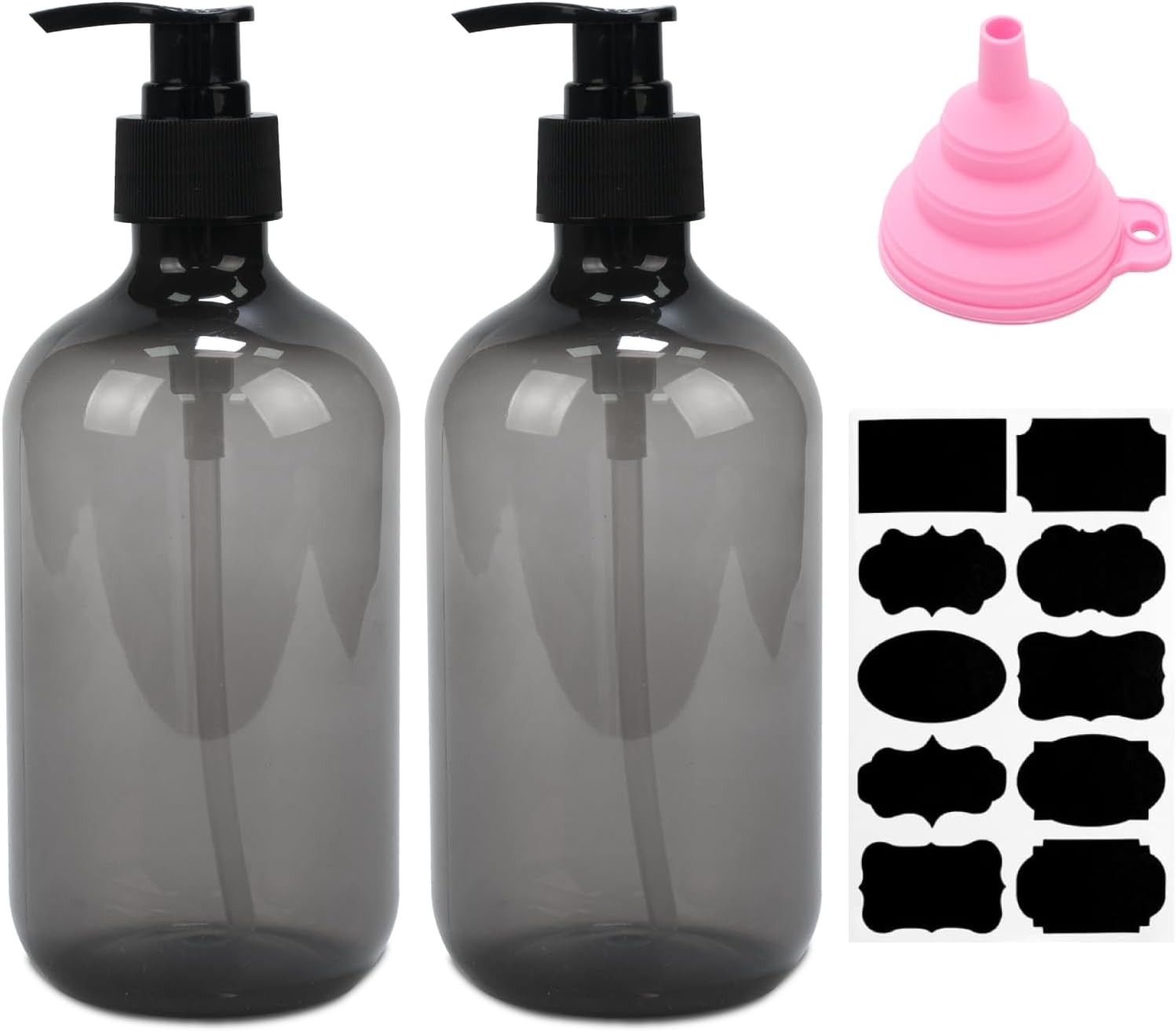 2 Pcs Dispensador Jabon Baño, 500 ML Dispensador Jabon Cocina con Bomba, Botes para Gel y Champu Ducha, Dispensador de Jabón Líquido para Cocina y Baño Champúcon Embudo y Etiquetas (Gris)