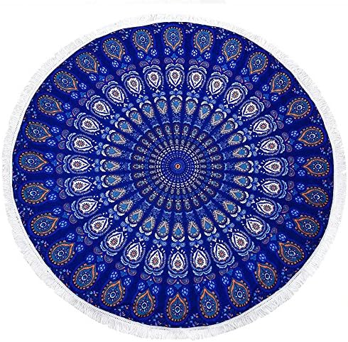 FitLit Round Beach Towel with Tassels - Feather Peacock, Large 59 Inch, Picnic Blanket, Bath Towel, Yoga Mat