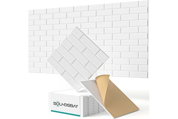 Soundsbay Lot de 12 panneaux acoustiques autocollants pour isolation phonique murale haute densité type brique pour traitement acoustique et décoration murale 30 x 30 x 0,9 cm (blanc)