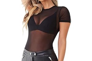 EMOTTOS Women's Sexy Lace Tops, Flocked Printed Sheer Mesh Short Sleeve, Round Neck See Through Jumpsuit for Women, Female Sexy Leotard Clubwear