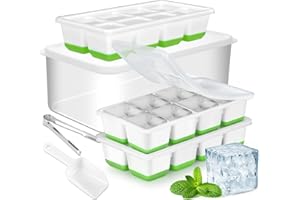 Stampo Grande per Ghiaccio con Contenitore, JRISBO 3 Pezzi Stampi per Cubetti Ghiaccio in Silicone Alimentare senza BPA, 4,5 cm Forma Grandi Vaschette Ghiaccio per Whisky Cocktail (Verde)