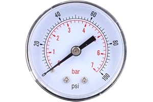 HILILAND Manómetro de acero inoxidable medidor de presión dial 50 mm 1/8 BSPT montaje trasero para aire agua aceite gas (0-100PSI 0-7Bar)