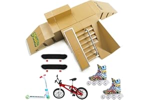 QINIFIFY Skate Park Kit 5 Piezas Monopatines de Juguete para Dedos Mini Patín de Dedos Set de Rampa con 2 Finger Skateboards, 1 Bicicleta de Dedo, 1 Finger Scooter y 1 Par Finger Roller Skates para Niños
