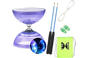 TOPHOMER Set diabolo a triplo cuscinetto con luce LED lampeggiante, bastoncini professionali, corda di ricambio da 10 m e borsa per il trasporto in rete, set da giocoleria per bambini, colore viola